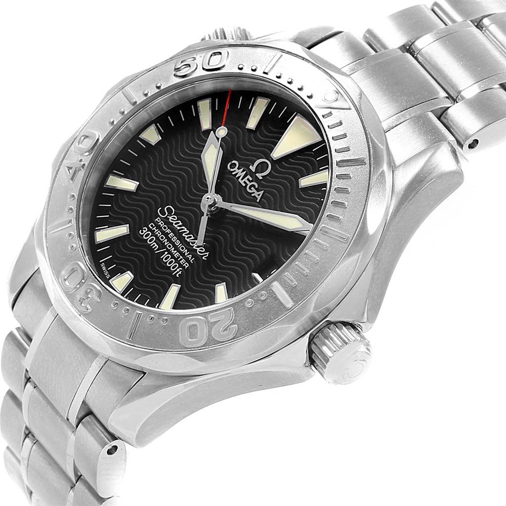 The image shows an Omega Seamaster 2236.50.00 Men
s Stainless Steel Black Dial 2236.50.00 Men
s Stainless Steel Black Dial watch from a front angle, highlighting its dial, bezel, and metal bracelet.