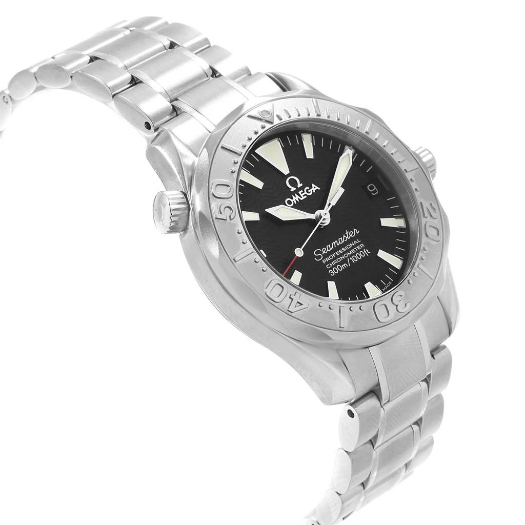 The Omega Seamaster 2236.50.00 Men
s Stainless Steel Black Dial 2236.50.00 Men
s Stainless Steel Black Dial watch is shown at a slight side angle, highlighting the face, bezel, crown, and bracelet.