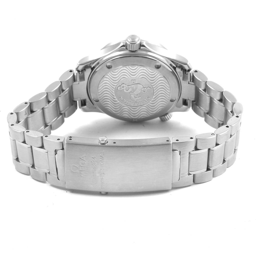 The image shows the back case and bracelet clasp of the Omega Seamaster 2236.50.00 Men
s Stainless Steel Black Dial 2236.50.00 Men
s Stainless Steel Black Dial watch at an angled rear view.