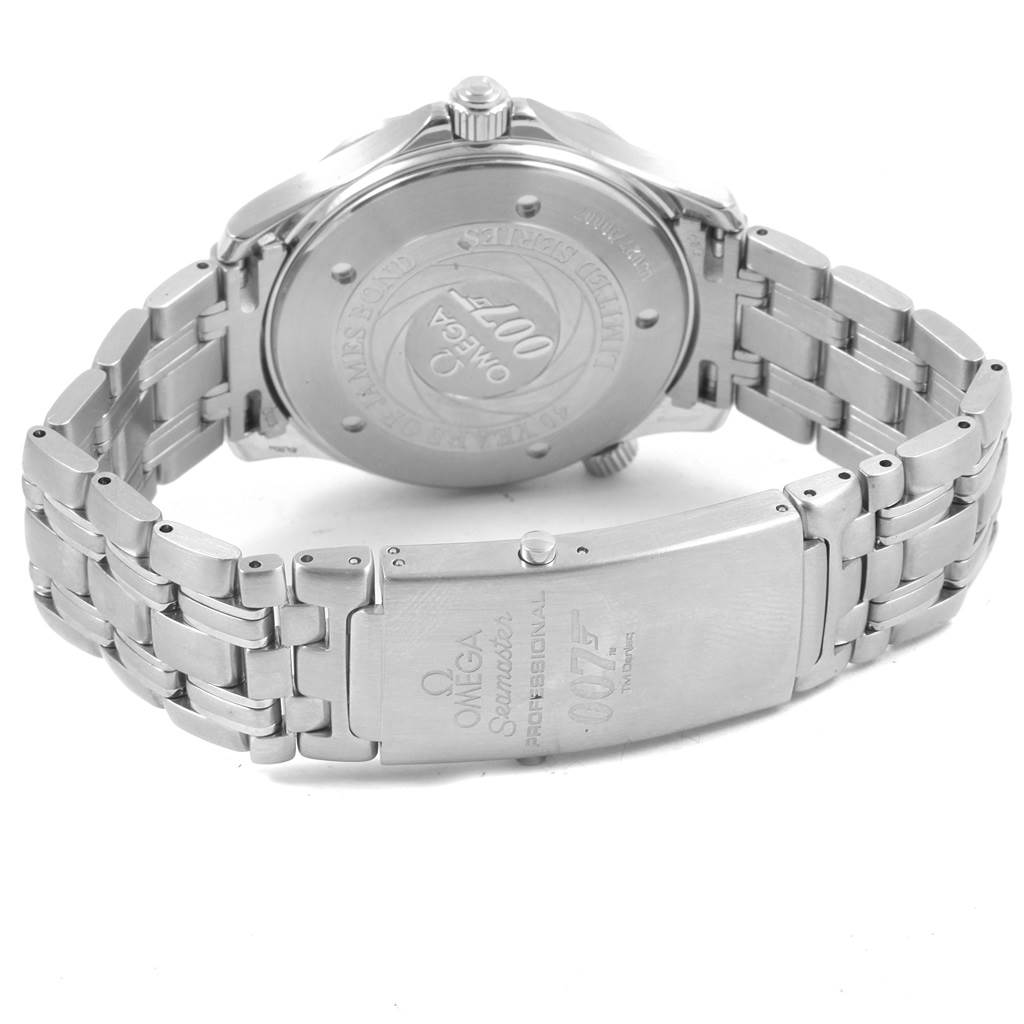 The image shows the back and clasp of an Omega Seamaster 2537.80.00 Stainless Steel Blue Dial 2537.80.00 Stainless Steel Blue Dial watch, highlighting the case back and metal bracelet.