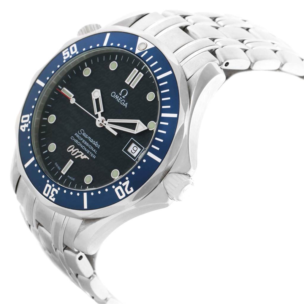 The image shows a side view of the Omega Seamaster 2537.80.00 Stainless Steel Blue Dial 2537.80.00 Stainless Steel Blue Dial watch, highlighting the dial, bezel, crown, and part of the bracelet.