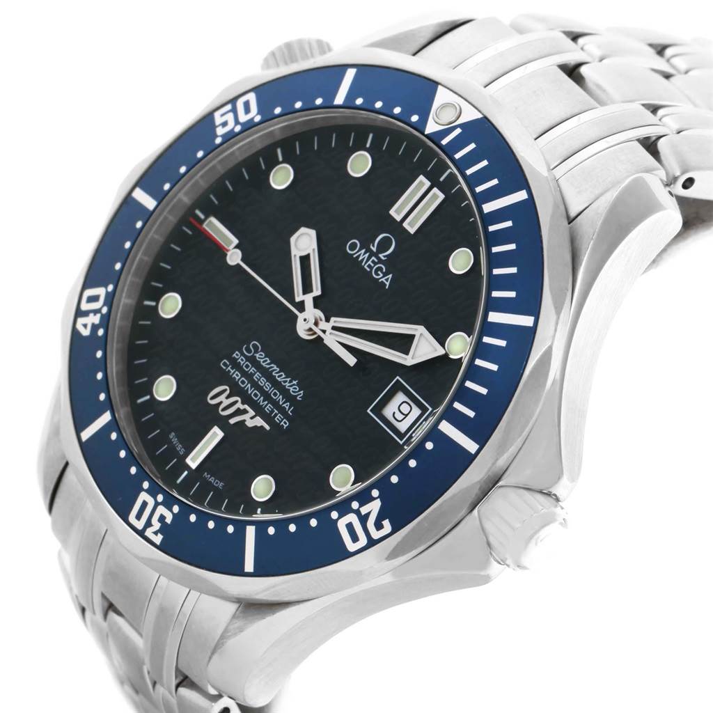 This image shows a side angle of the Omega Seamaster 2537.80.00 Stainless Steel Blue Dial 2537.80.00 Stainless Steel Blue Dial watch, featuring its bezel, dial, and part of the metal bracelet.