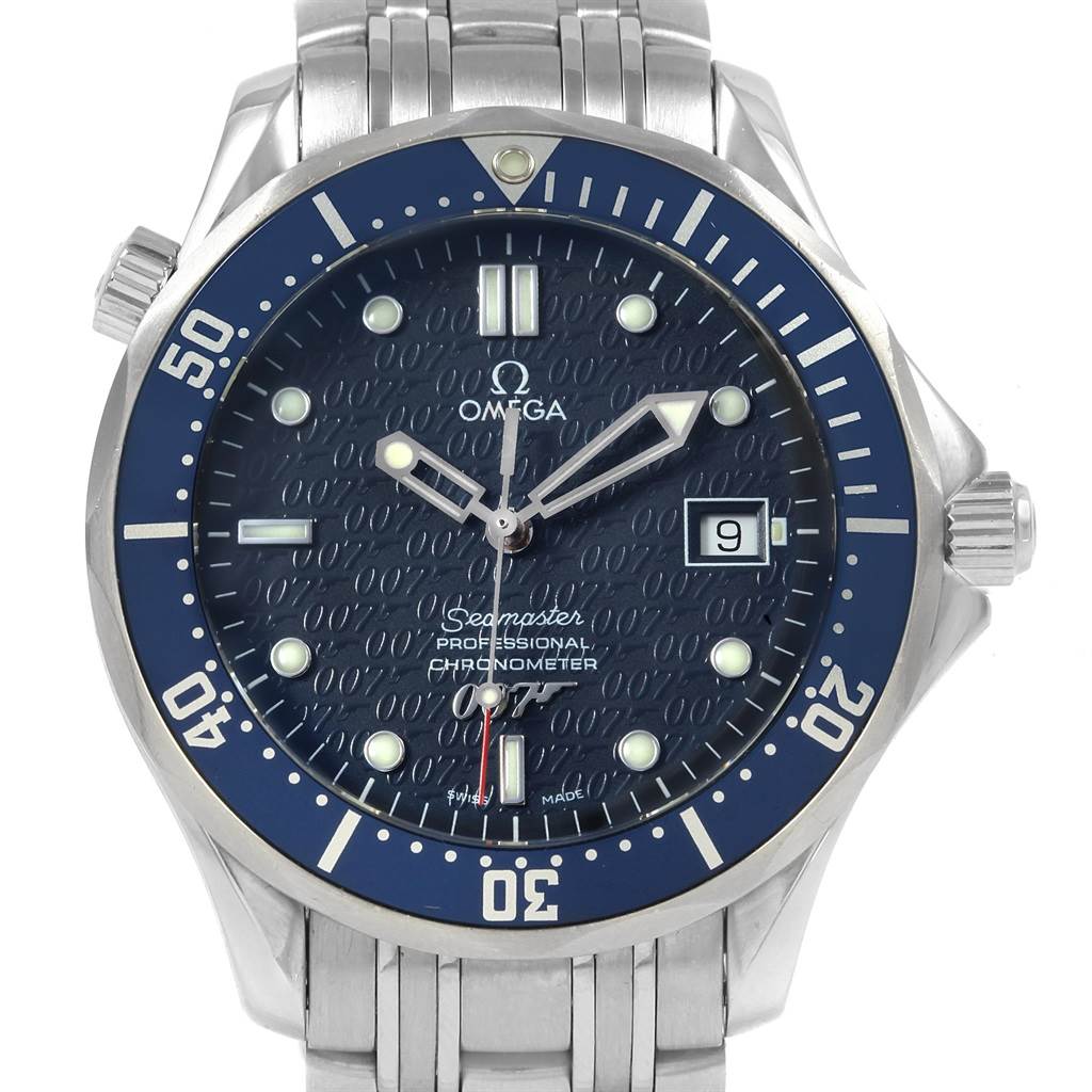 This is a frontal view of the Omega Seamaster 2537.80.00 Stainless Steel Blue Dial 2537.80.00 Stainless Steel Blue Dial watch, showing the dial, bezel, crown, and part of the bracelet.