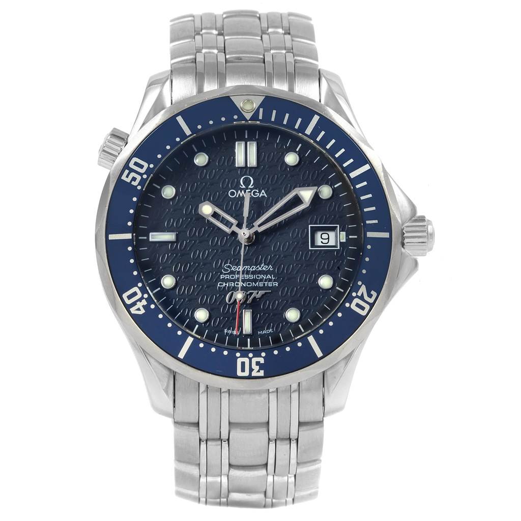 The Omega Seamaster 2537.80.00 Stainless Steel Blue Dial 2537.80.00 Stainless Steel Blue Dial watch is shown from a front angle, displaying its face, bezel, crown, and bracelet.