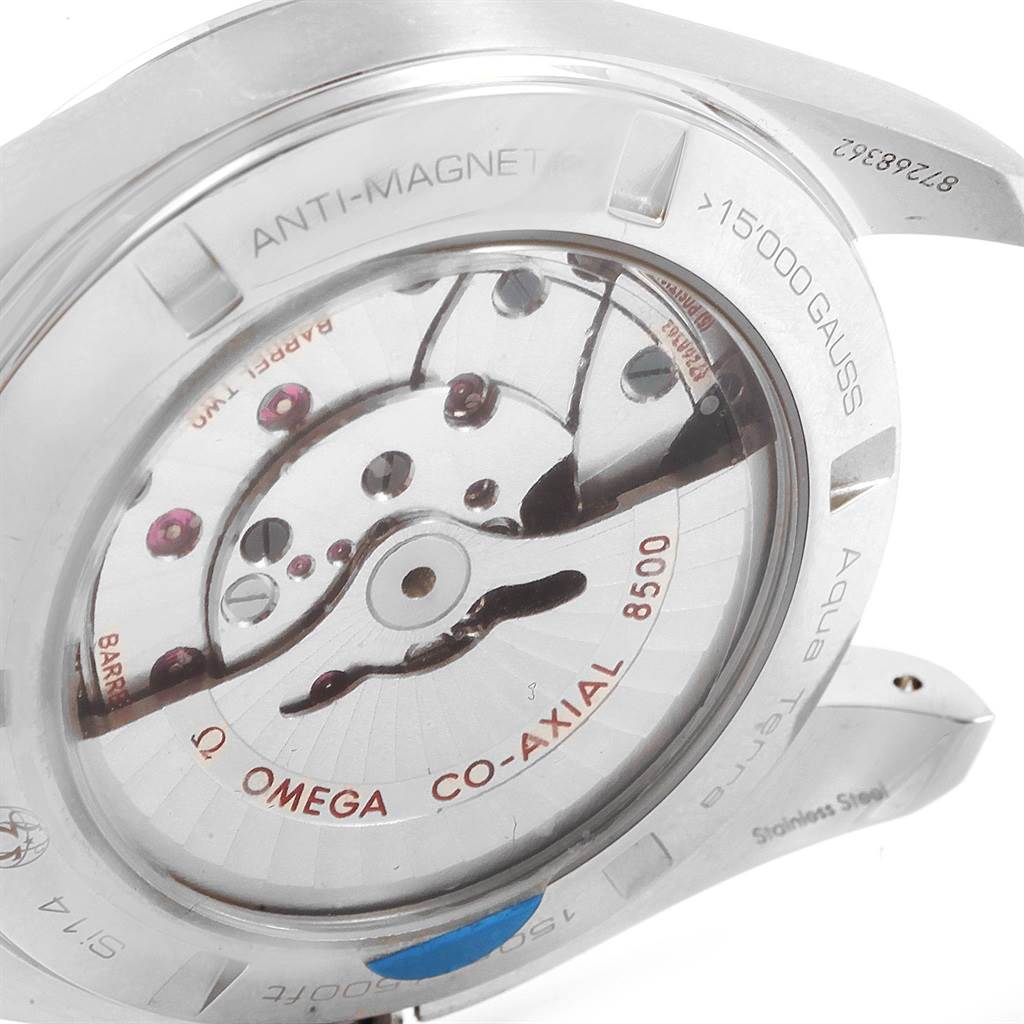 The image shows the back side of an Omega Seamaster 231.10.42.21.03.003 Men
s Stainless Steel Blue Dial 231.10.42.21.03.003 Men
s Stainless Steel Blue Dial watch, showcasing the internal movement mechanism.