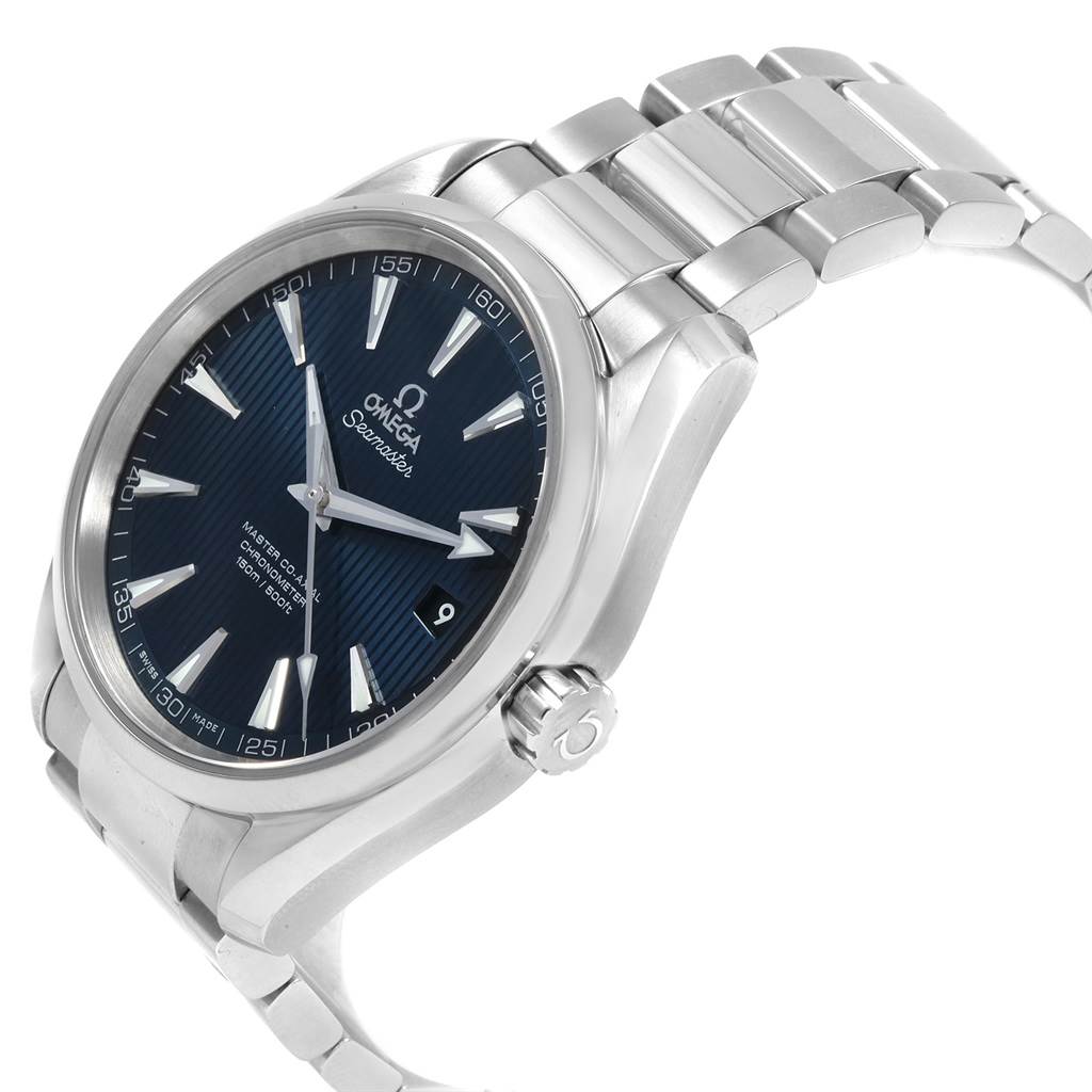 This image shows an angled view of an Omega Seamaster 231.10.42.21.03.003 Men
s Stainless Steel Blue Dial 231.10.42.21.03.003 Men
s Stainless Steel Blue Dial watch, highlighting its dial, crown, case, and bracelet.