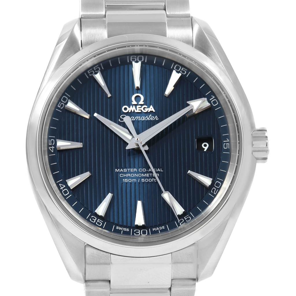 The image shows a frontal view of the Omega Seamaster 231.10.42.21.03.003 Men
s Stainless Steel Blue Dial 231.10.42.21.03.003 Men
s Stainless Steel Blue Dial watch, highlighting its face, bezel, hands, and part of the bracelet.