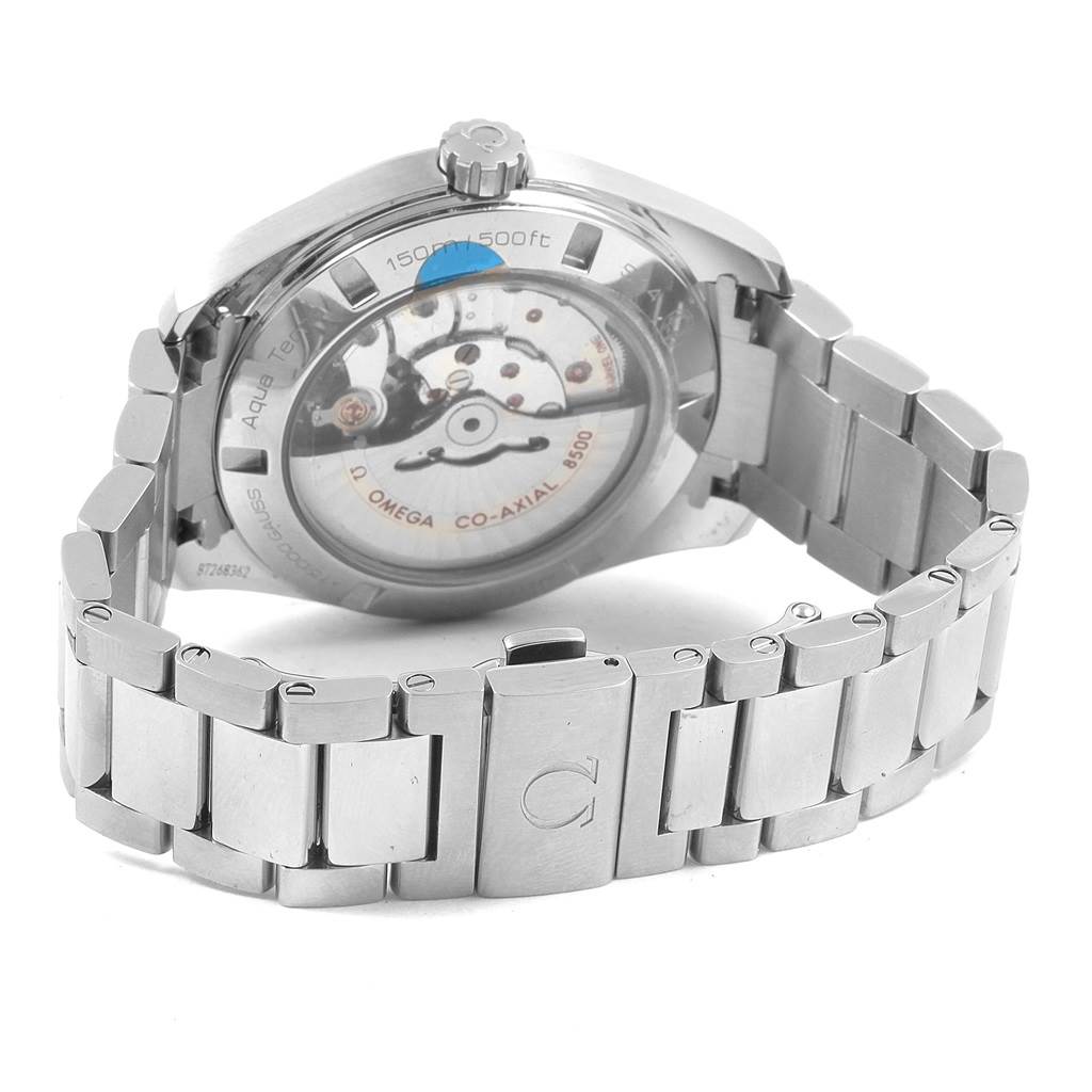 The image shows a rear angle of an Omega Seamaster 231.10.42.21.03.003 Men
s Stainless Steel Blue Dial 231.10.42.21.03.003 Men
s Stainless Steel Blue Dial watch, highlighting its visible movement and metal bracelet.