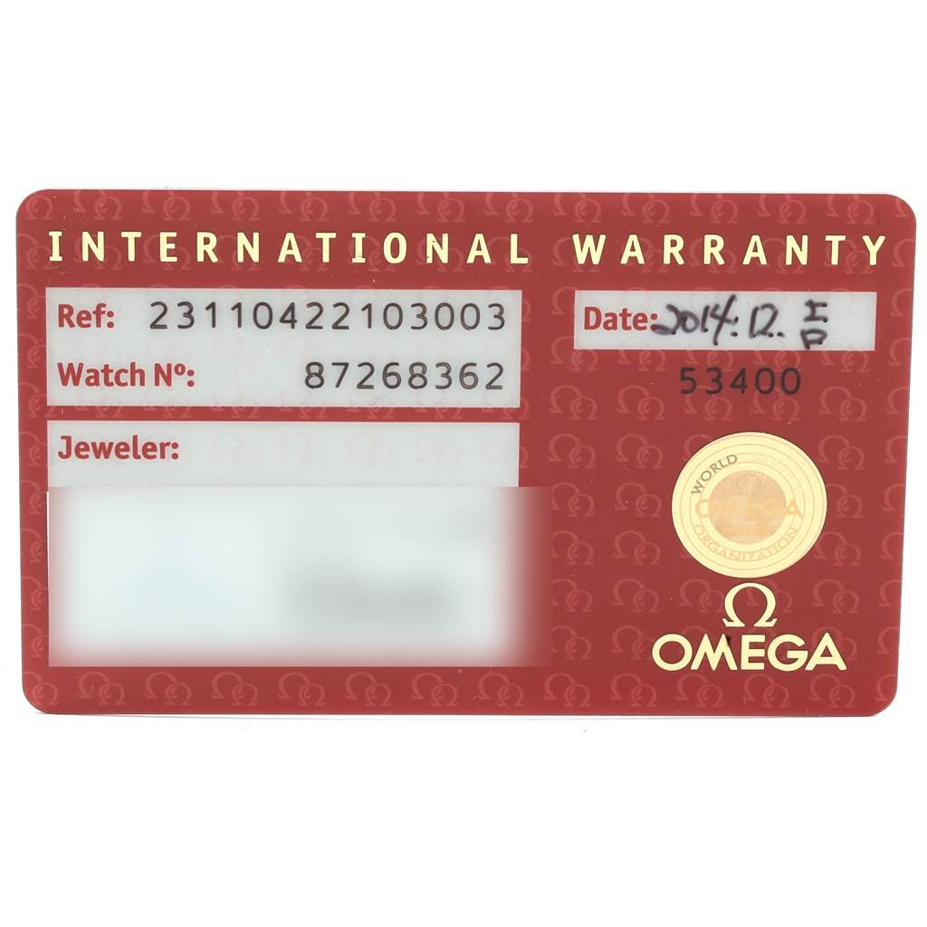 This is an Omega Seamaster 231.10.42.21.03.003 Men
s Stainless Steel Blue Dial 231.10.42.21.03.003 Men
s Stainless Steel Blue Dial international warranty card, displaying the reference and watch number.