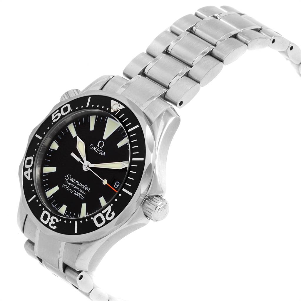 The image shows an Omega Seamaster 2262.50.00 Men
s Stainless Steel Black Dial 2262.50.00 Men
s Stainless Steel Black Dial watch at an angle highlighting the face, bezel, crown, and part of the bracelet.