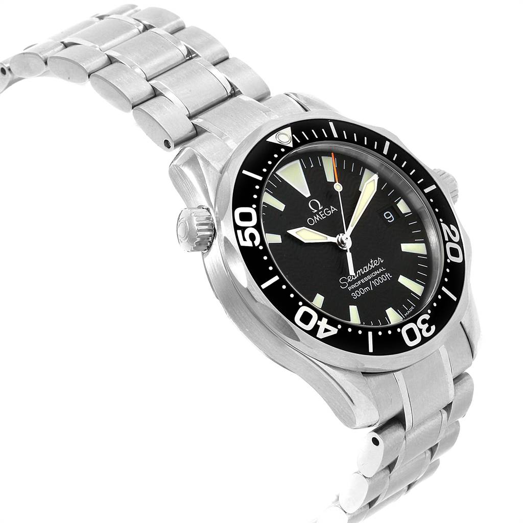 The Omega Seamaster 2262.50.00 Men
s Stainless Steel Black Dial 2262.50.00 Men
s Stainless Steel Black Dial watch is shown at a slight angle, highlighting the bracelet, bezel, dial, and crown.