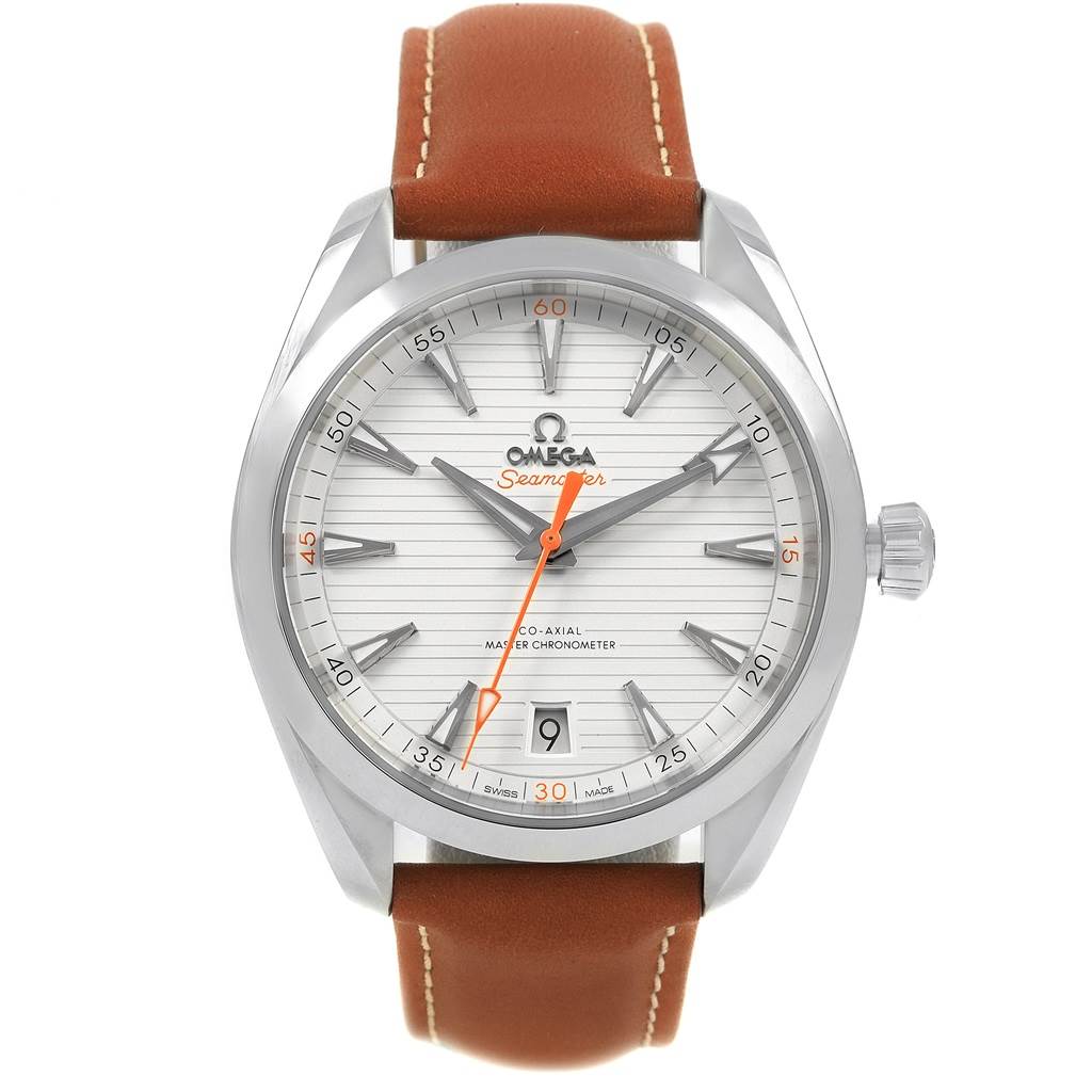 This image shows a front view of an Omega Seamaster 220.12.41.21.02.001 Men
s Stainless Steel Silver Dial 220.12.41.21.02.001 Men
s Stainless Steel Silver Dial watch with a brown leather strap and a date display at 6 o
clock.