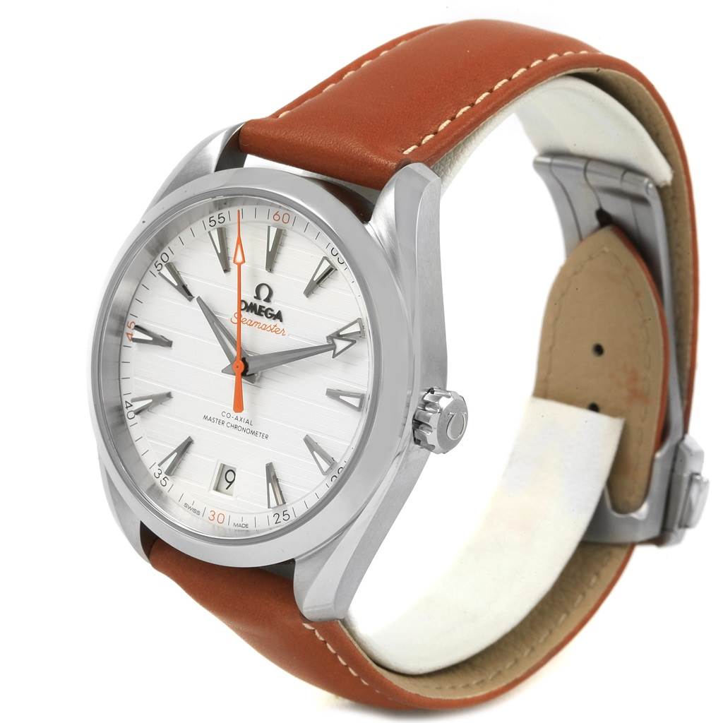 This Omega Seamaster 220.12.41.21.02.001 Men
s Stainless Steel Silver Dial 220.12.41.21.02.001 Men
s Stainless Steel Silver Dial watch is shown at a slight angle, highlighting the face, bezel, crown, and leather strap.