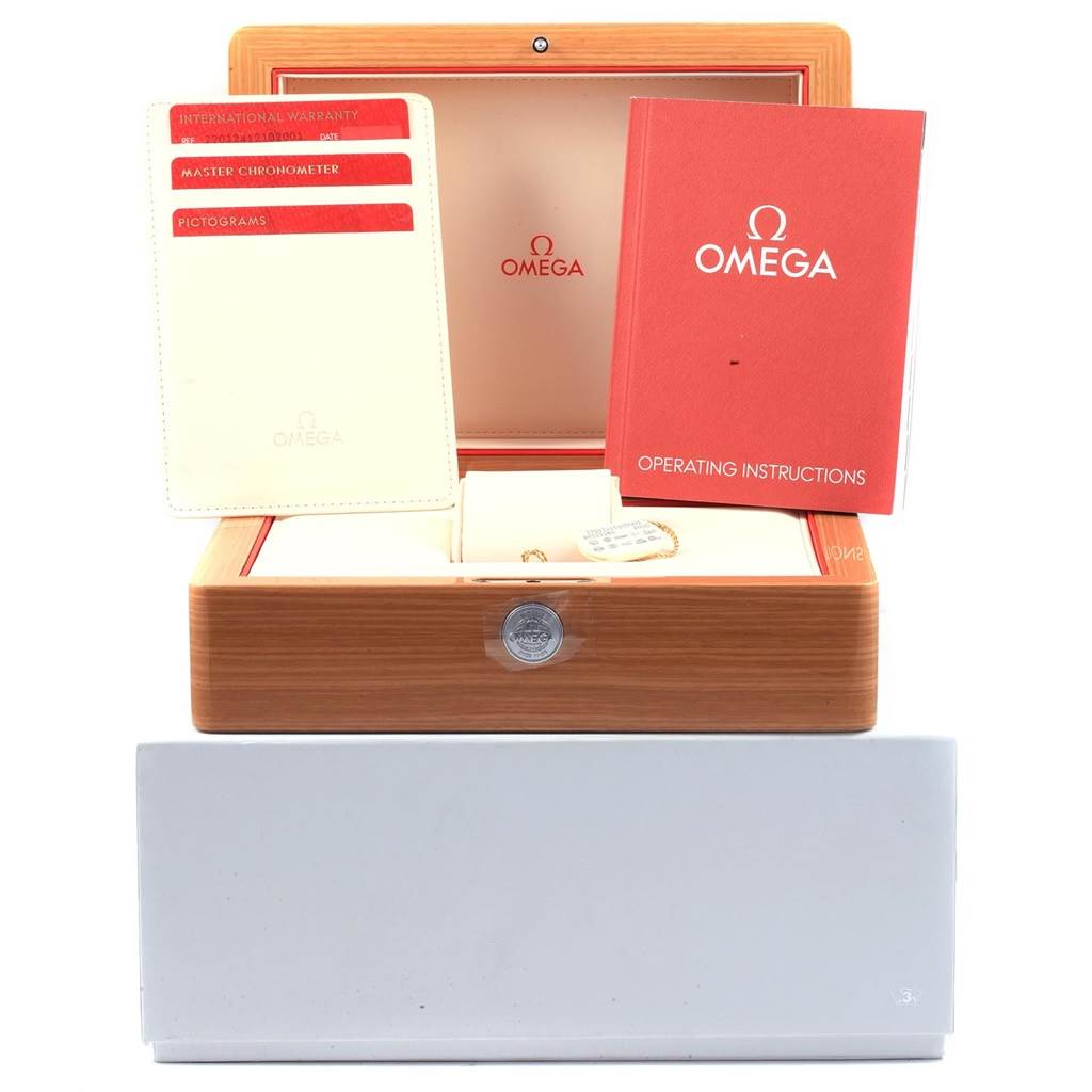 The image shows the Omega Seamaster 220.12.41.21.02.001 Men
s Stainless Steel Silver Dial 220.12.41.21.02.001 Men
s Stainless Steel Silver Dial watch box with warranty cards and an instruction booklet.