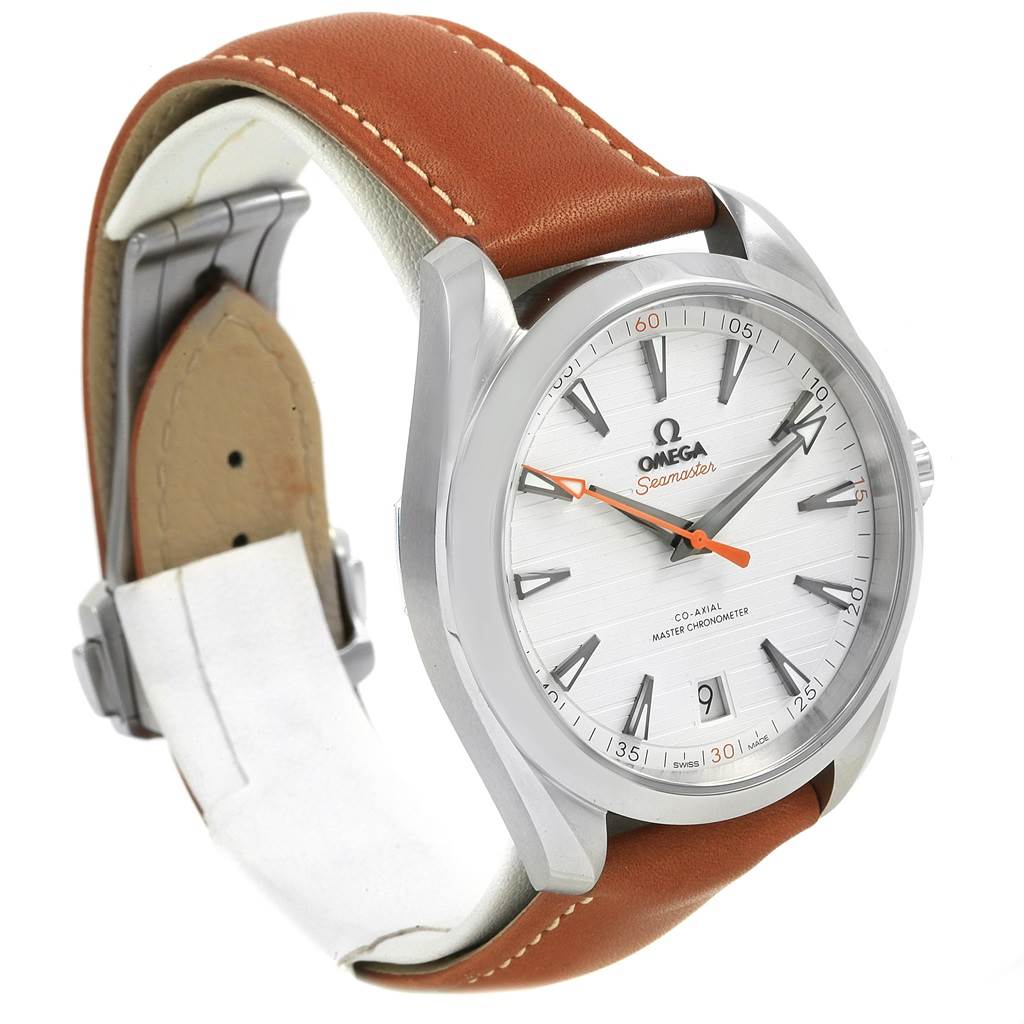 The image shows an Omega Seamaster 220.12.41.21.02.001 Men
s Stainless Steel Silver Dial 220.12.41.21.02.001 Men
s Stainless Steel Silver Dial watch from a three-quarter angle, highlighting the brown leather strap and the detailed face.