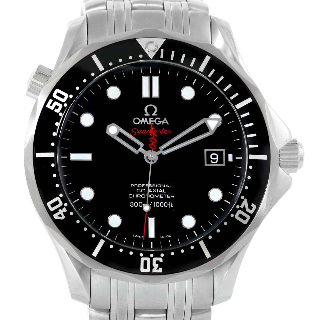 The image shows a front view of an Omega Seamaster 212.30.41.20.01.001 Men
s Stainless Steel Black Dial 212.30.41.20.01.001 Men
s Stainless Steel Black Dial watch, displaying its black dial, bezel, hands, and date feature.