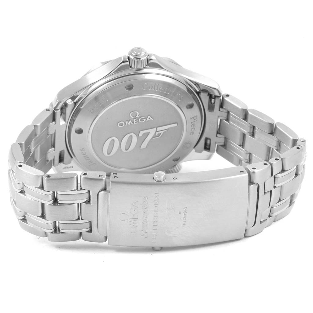 The image shows the back case and bracelet clasp of an Omega Seamaster 212.30.41.20.01.001 Men
s Stainless Steel Black Dial 212.30.41.20.01.001 Men
s Stainless Steel Black Dial watch, featuring the 007 insignia.