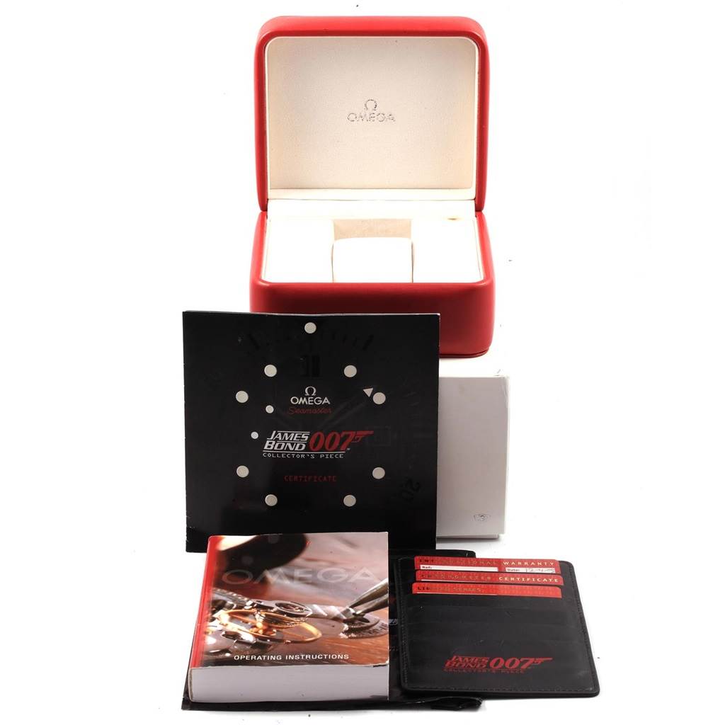 The image shows an Omega Seamaster 212.30.41.20.01.001 Men
s Stainless Steel Black Dial 212.30.41.20.01.001 Men
s Stainless Steel Black Dial watch box, alongside a certificate, operating instructions, and warranty cards, all from a frontal angle.