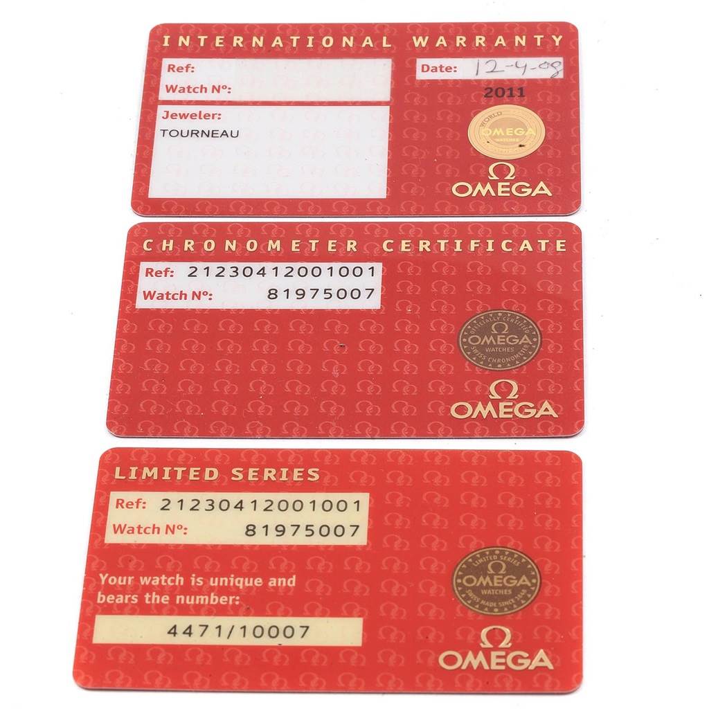 The image shows three cards for an Omega Seamaster 212.30.41.20.01.001 Men
s Stainless Steel Black Dial 212.30.41.20.01.001 Men
s Stainless Steel Black Dial watch, including the International Warranty, Chronometer Certificate, and Limited Series card.