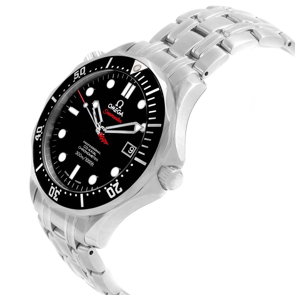 The image shows an angled view of an Omega Seamaster 212.30.41.20.01.001 Men
s Stainless Steel Black Dial 212.30.41.20.01.001 Men
s Stainless Steel Black Dial watch featuring the dial, bezel, crown, and part of the metal bracelet.