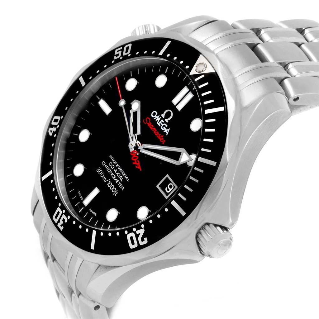 The Omega Seamaster 212.30.41.20.01.001 Men
s Stainless Steel Black Dial 212.30.41.20.01.001 Men
s Stainless Steel Black Dial model watch is shown at an angled view, highlighting its bezel, dial, crown, and bracelet.