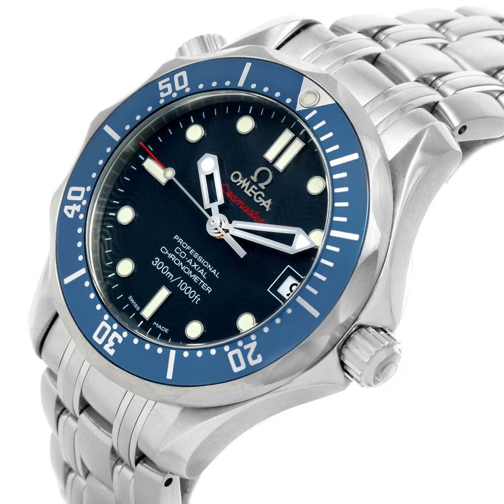The image shows a side angle of the Omega Seamaster 2222.80.00 Men
s Stainless Steel Blue Dial 2222.80.00 Men
s Stainless Steel Blue Dial watch, highlighting the bracelet, bezel, dial, and crown.
