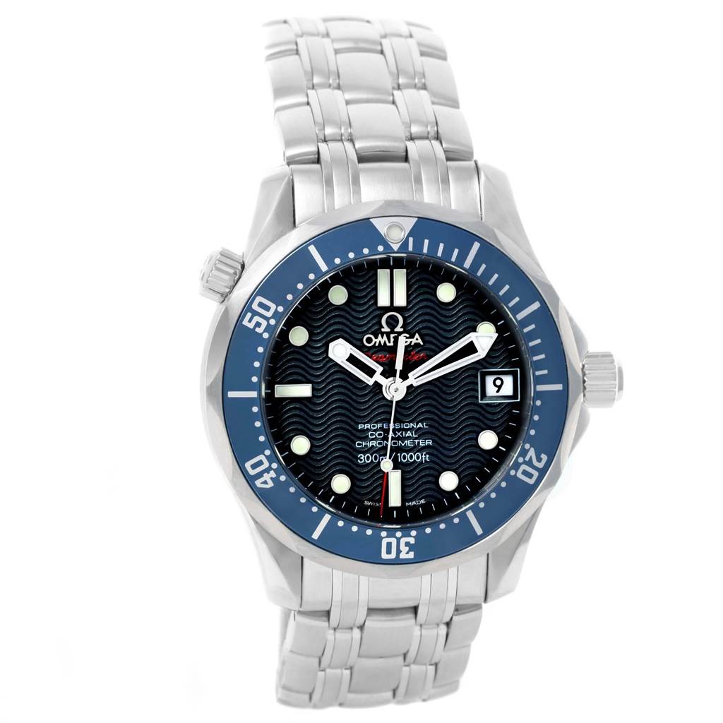The Omega Seamaster 2222.80.00 Men
s Stainless Steel Blue Dial 2222.80.00 Men
s Stainless Steel Blue Dial watch is shown at a frontal angle, displaying the dial, hands, bezel, crown, and bracelet.