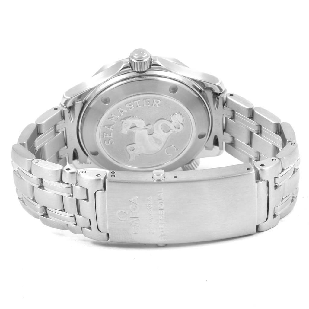 The image shows the back view of an Omega Seamaster 2222.80.00 Men
s Stainless Steel Blue Dial 2222.80.00 Men
s Stainless Steel Blue Dial watch, focusing on the case back and stainless steel bracelet.