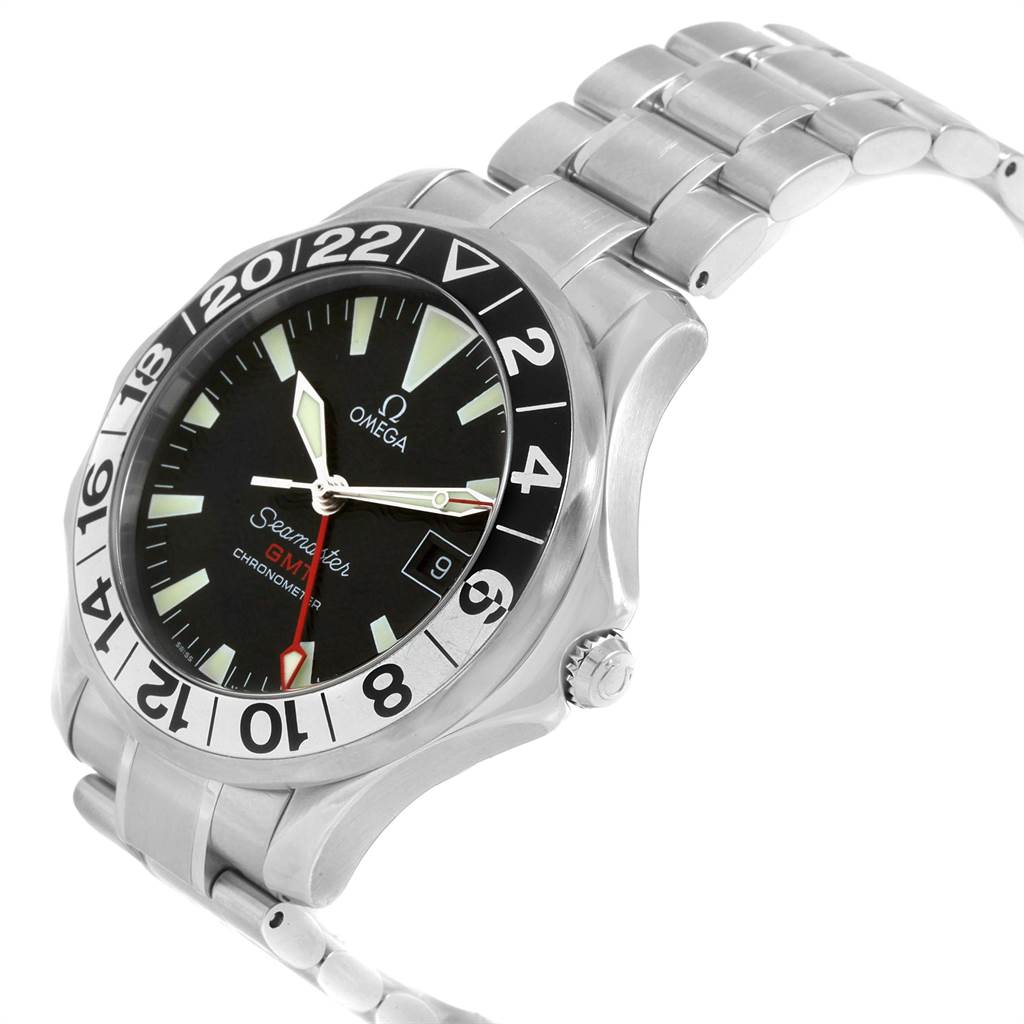 The Omega Seamaster 2234.50.00 Men
s Stainless Steel Black Dial 2234.50.00 Men
s Stainless Steel Black Dial watch is shown at an angled side view, displaying the face, bezel, crown, and bracelet.