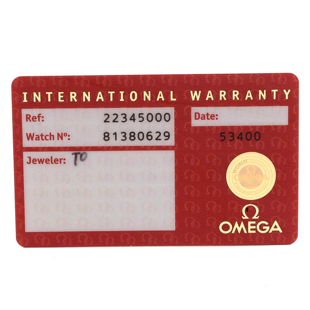 This image shows an Omega Seamaster 2234.50.00 Men
s Stainless Steel Black Dial 2234.50.00 Men
s Stainless Steel Black Dial International Warranty card, displaying the reference number, watch number, jeweler, and date.