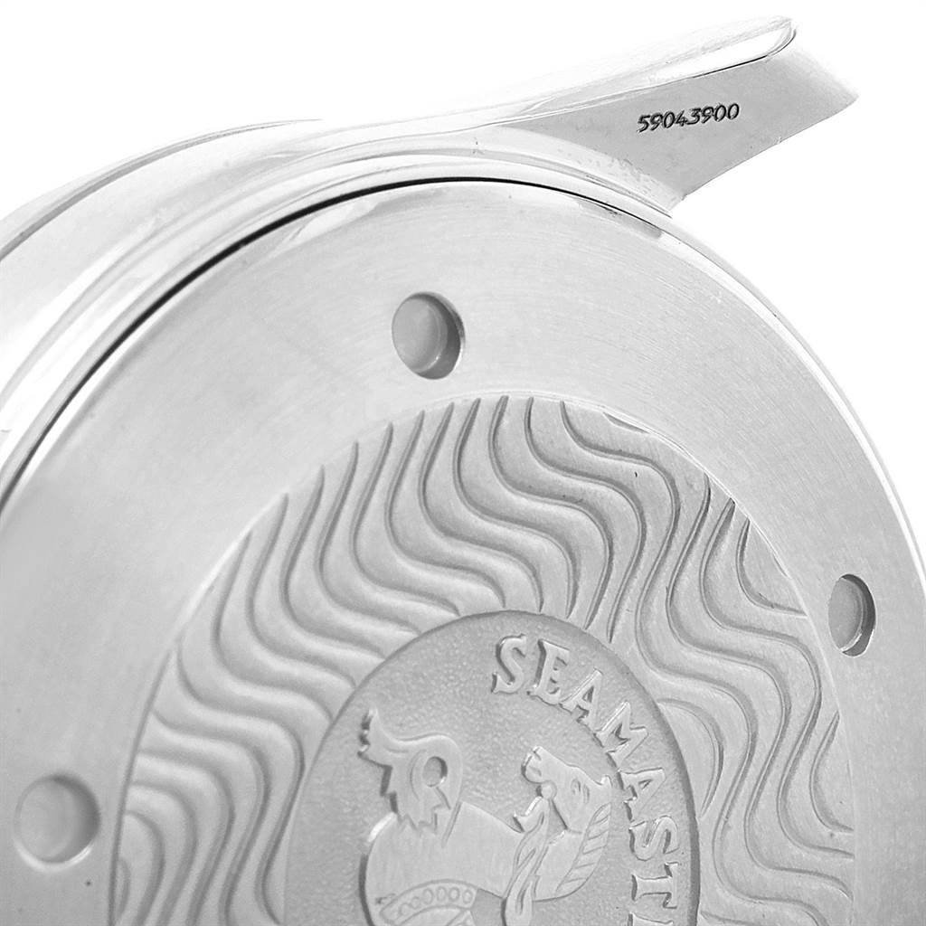 This image shows a close-up of the case back of an Omega Seamaster 2541.80.00 Men
s Stainless Steel Blue Dial 2541.80.00 Men
s Stainless Steel Blue Dial watch with an embossed logo and wave pattern.