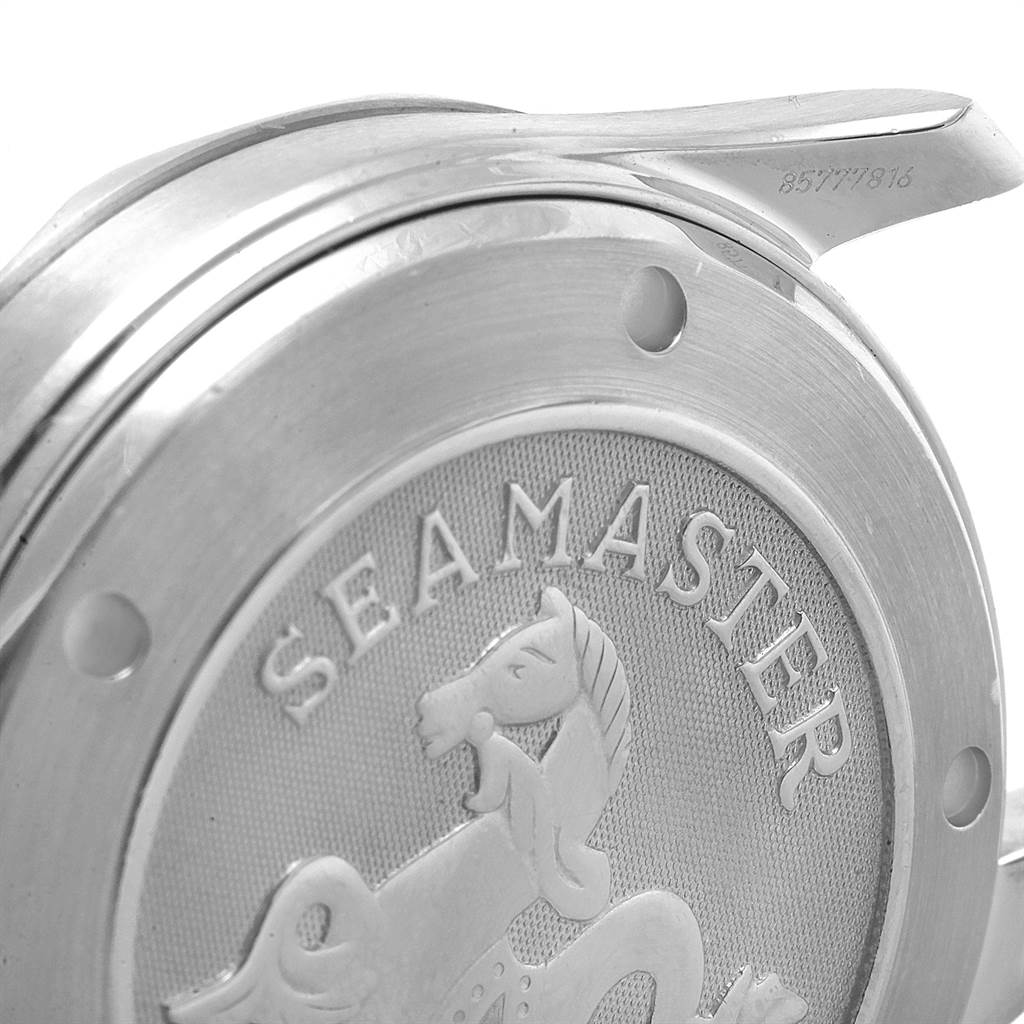 This image shows a close-up of the case back of an Omega Seamaster 2220.80.00 Men
s Stainless Steel Blue Dial 2220.80.00 Men
s Stainless Steel Blue Dial watch, featuring the engraved logo and part of the lugs.