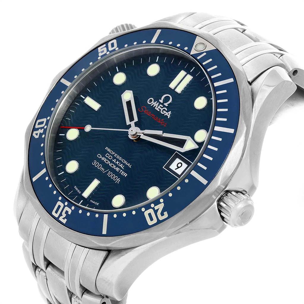 The image shows a side angle of an Omega Seamaster 2220.80.00 Men
s Stainless Steel Blue Dial 2220.80.00 Men
s Stainless Steel Blue Dial watch, focusing on the dial, bezel, crown, and partially visible bracelet.