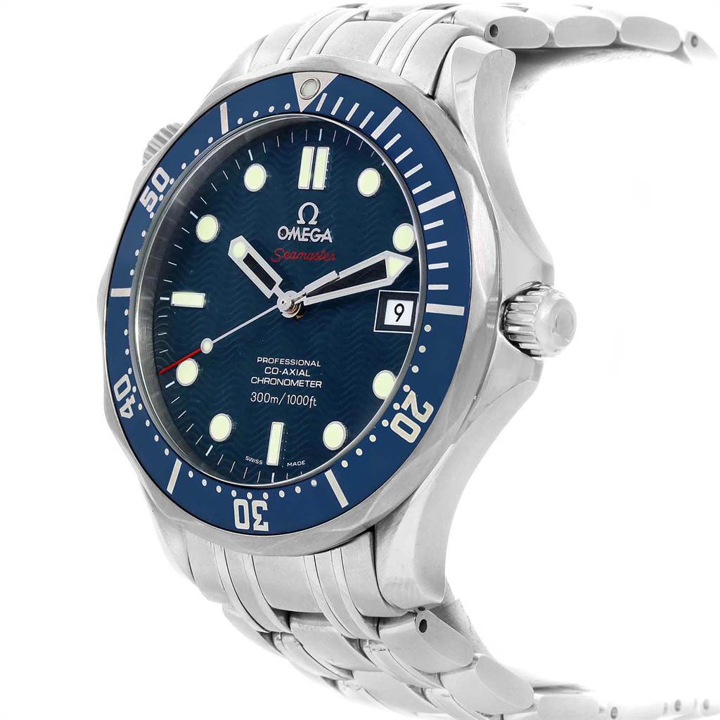 The Omega Seamaster 2220.80.00 Men
s Stainless Steel Blue Dial 2220.80.00 Men
s Stainless Steel Blue Dial watch is shown at a three-quarter angle, highlighting the face, bezel, crown, and part of the bracelet.