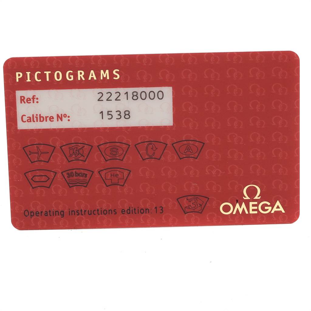 This image shows the warranty card for the Omega Seamaster 2221.80.00 Men
s Stainless Steel Blue Dial 2221.80.00 Men
s Stainless Steel Blue Dial watch, displaying reference and caliber numbers along with pictograms.