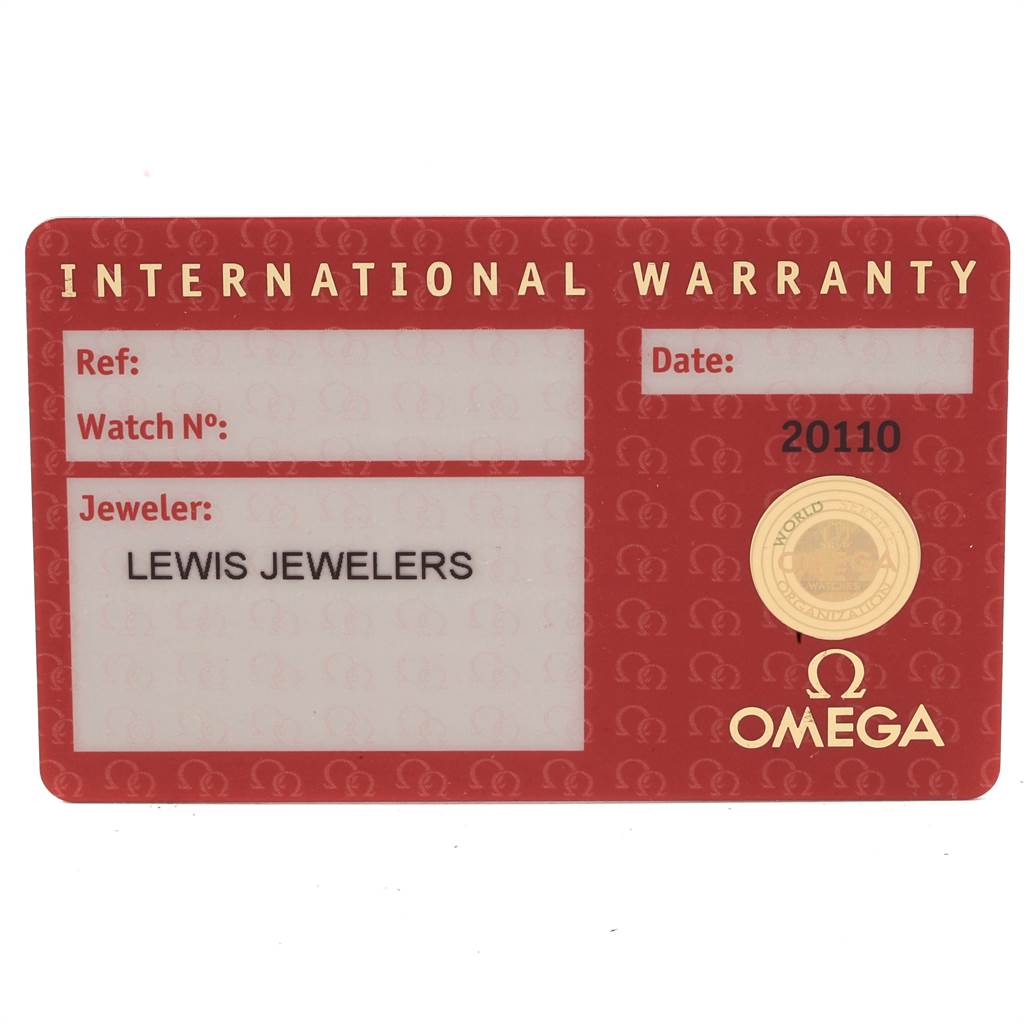 This is the international warranty card for the Omega Seamaster 2221.80.00 Men
s Stainless Steel Blue Dial 2221.80.00 Men
s Stainless Steel Blue Dial watch model, showing spaces for reference number, watch number, date, and jeweler.