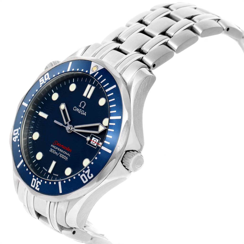 The Omega Seamaster 2221.80.00 Men
s Stainless Steel Blue Dial 2221.80.00 Men
s Stainless Steel Blue Dial watch is shown at a three-quarter angle, featuring its bezel, dial, hands, and bracelet.
