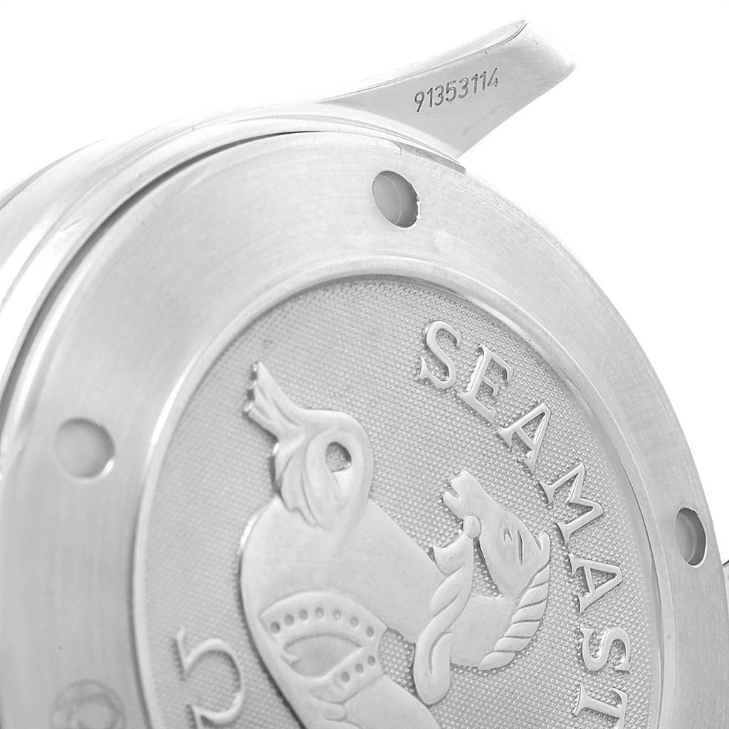 This image shows a close-up of the case back of an Omega Seamaster 2221.80.00 Men
s Stainless Steel Blue Dial 2221.80.00 Men
s Stainless Steel Blue Dial watch, highlighting the engraved logo and serial number.