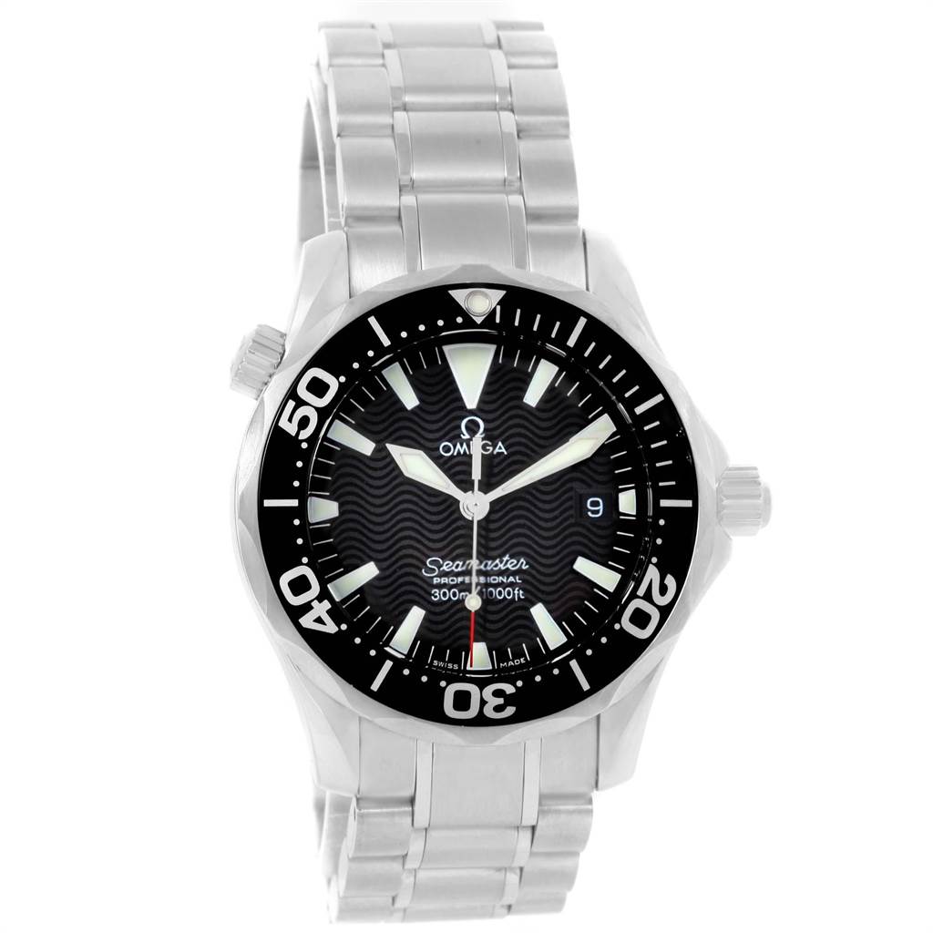 This Omega Seamaster 2262.50.00 Men
s Stainless Steel Black Dial 2262.50.00 Men
s Stainless Steel Black Dial watch is shown from a front angle, highlighting its face, bezel, and metal bracelet.