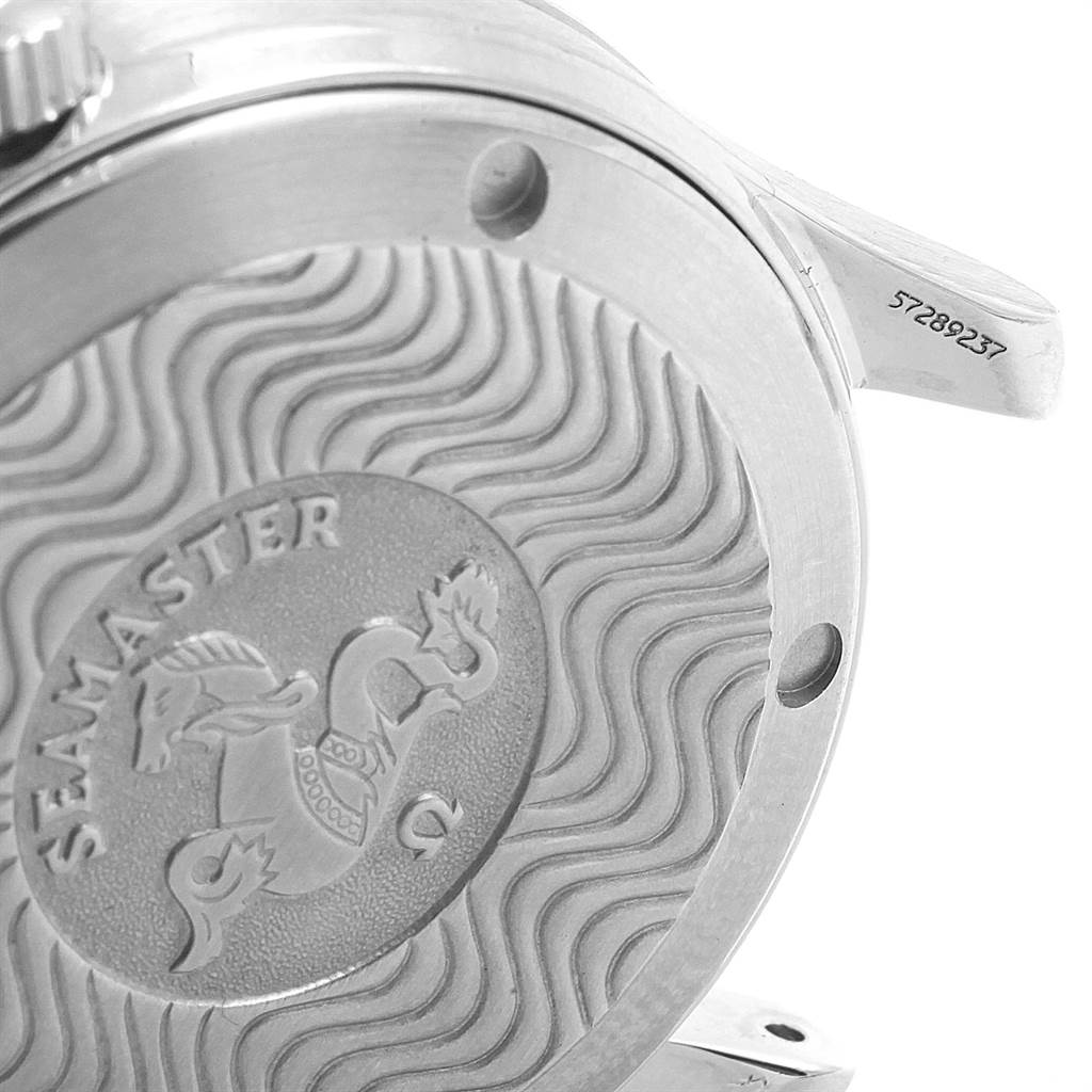 The angle shows the engraved case back of the Omega Seamaster 2262.50.00 Men
s Stainless Steel Black Dial 2262.50.00 Men
s Stainless Steel Black Dial watch, focusing on the wave pattern and emblem.