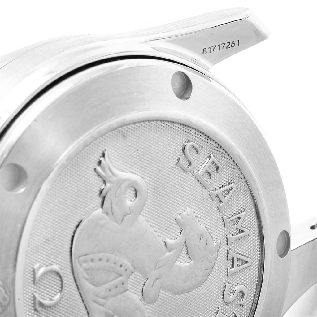 This is a close-up shot of the case back of the Omega Seamaster 2222.80.00 Men
s Stainless Steel Blue Dial 2222.80.00 Men
s Stainless Steel Blue Dial watch, displaying its engraved logo and serial number.