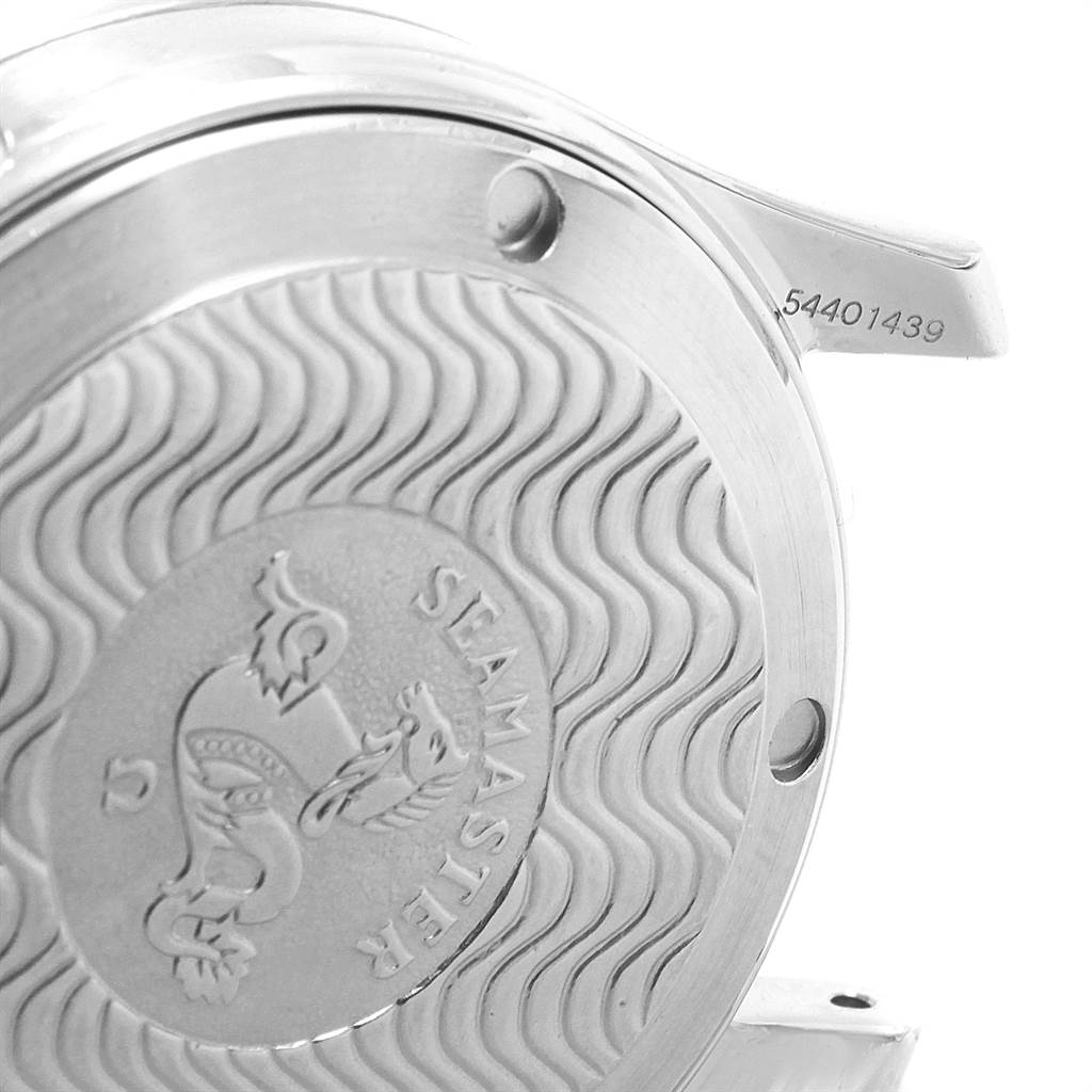 The image shows a close-up of the case back and part of the serial number of an Omega Seamaster 2561.80.00 Men
s Stainless Steel Blue Dial 2561.80.00 Men
s Stainless Steel Blue Dial watch.