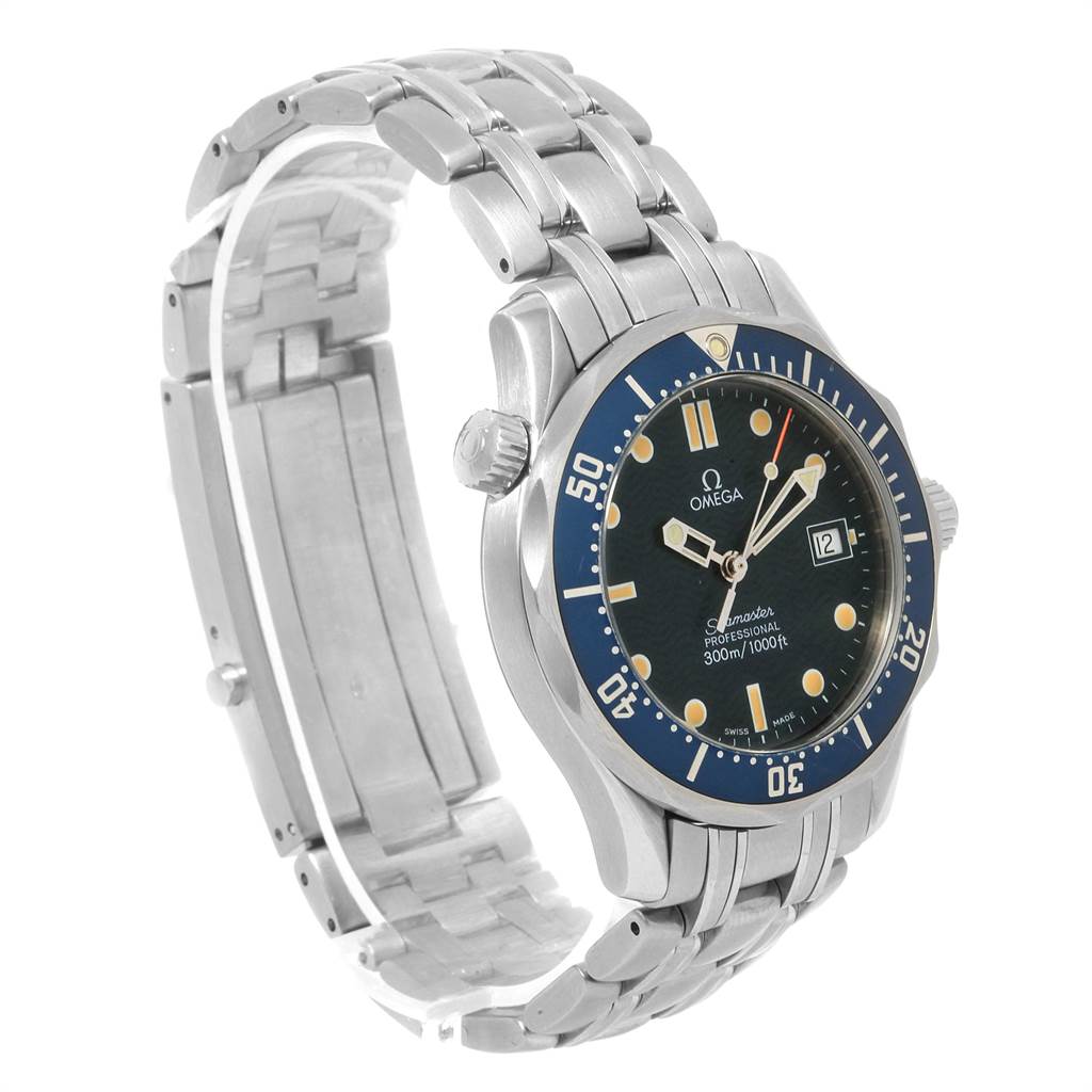 The Omega Seamaster 2561.80.00 Men
s Stainless Steel Blue Dial 2561.80.00 Men
s Stainless Steel Blue Dial watch is shown at a slight angle, displaying the face, crown, and metal bracelet.