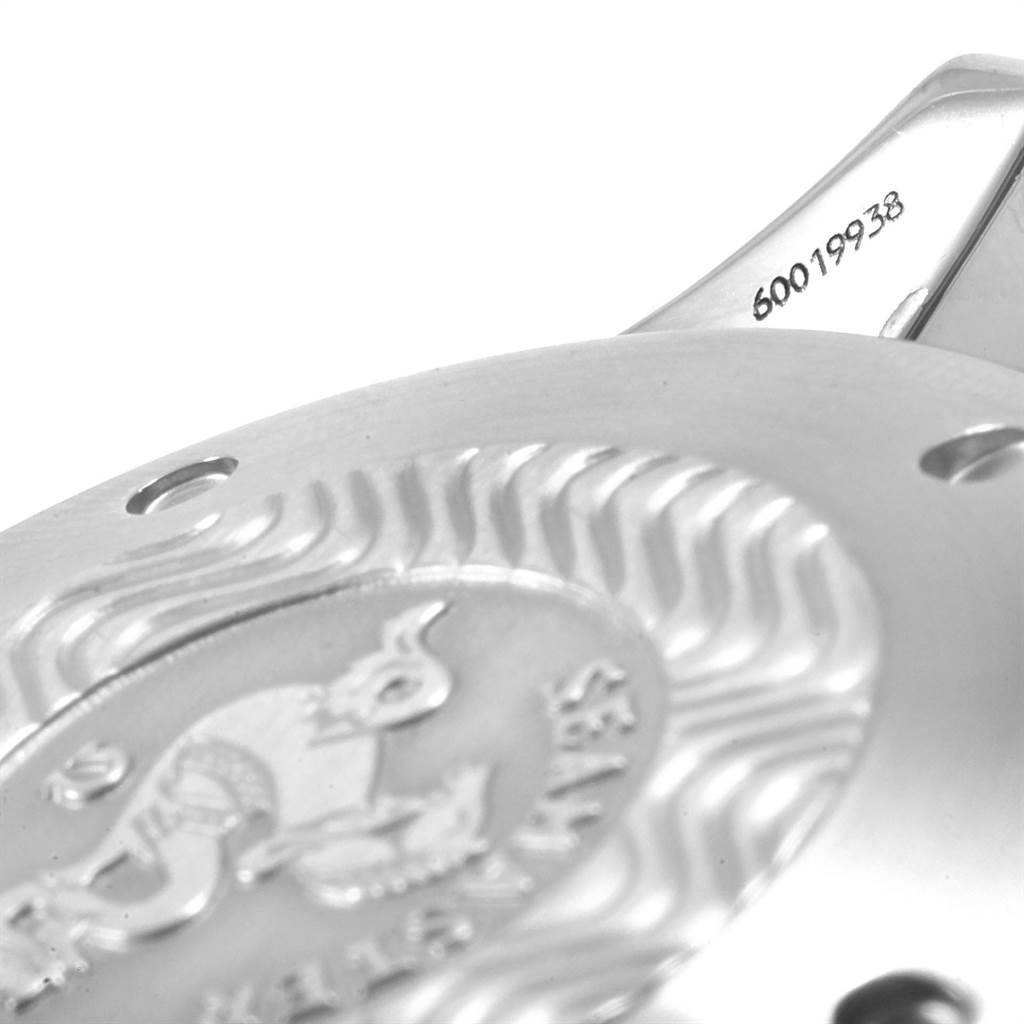 The image shows a close-up of the Omega Seamaster 2599.80.00 Men
s Stainless Steel Blue Dial 2599.80.00 Men
s Stainless Steel Blue Dial model
s case back, highlighting the engraving and serial number.