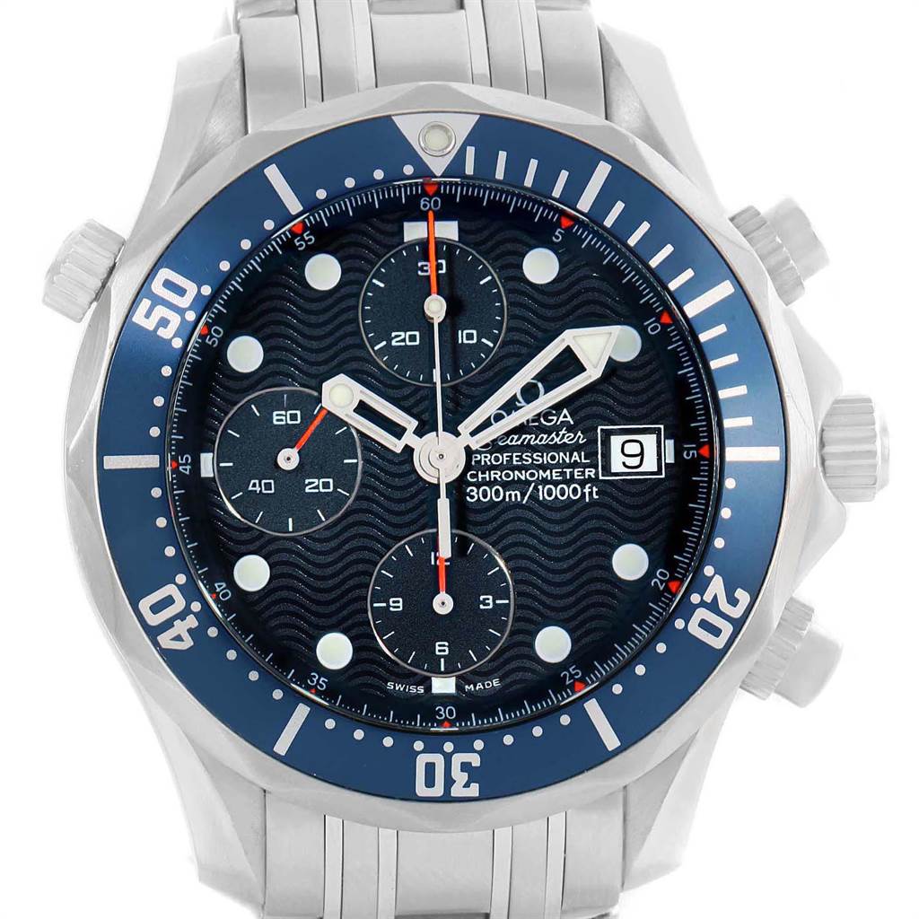 This image shows a front view of the Omega Seamaster 2599.80.00 Men
s Stainless Steel Blue Dial 2599.80.00 Men
s Stainless Steel Blue Dial watch, focusing on its dial, bezel, and bracelet.