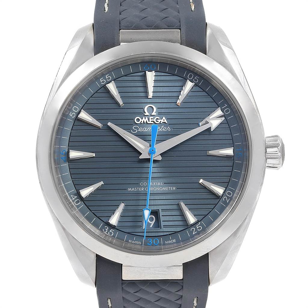 The image shows a front view of an Omega Seamaster 220.12.41.21.03.002 Men
s Stainless Steel Blue Dial 220.12.41.21.03.002 Men
s Stainless Steel Blue Dial watch, featuring a blue dial and a dark blue strap.