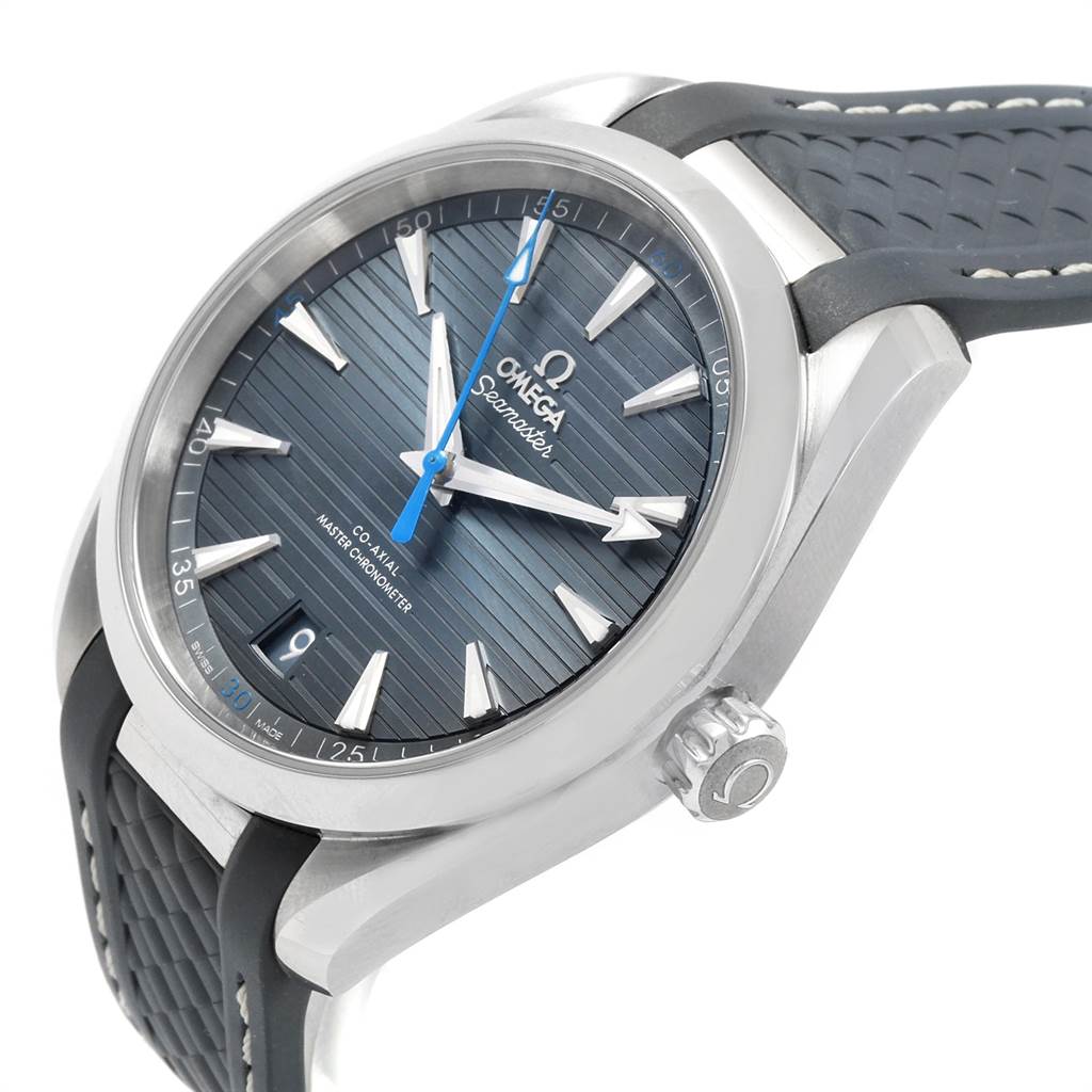 The image shows an angled side view of an Omega Seamaster 220.12.41.21.03.002 Men
s Stainless Steel Blue Dial 220.12.41.21.03.002 Men
s Stainless Steel Blue Dial watch, highlighting the face, bezel, crown, and band.
