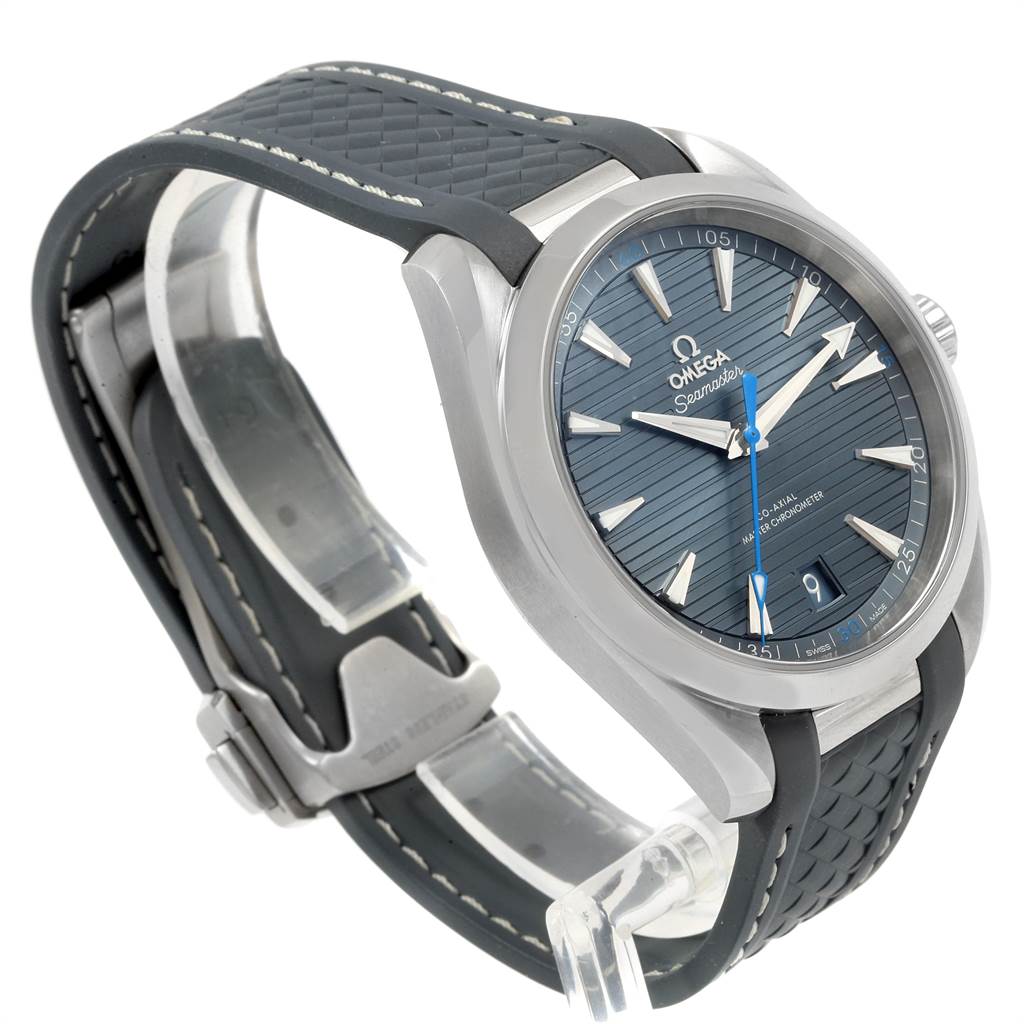 This Omega Seamaster 220.12.41.21.03.002 Men
s Stainless Steel Blue Dial 220.12.41.21.03.002 Men
s Stainless Steel Blue Dial watch is shown at an angle highlighting the face, bezel, and textured strap.