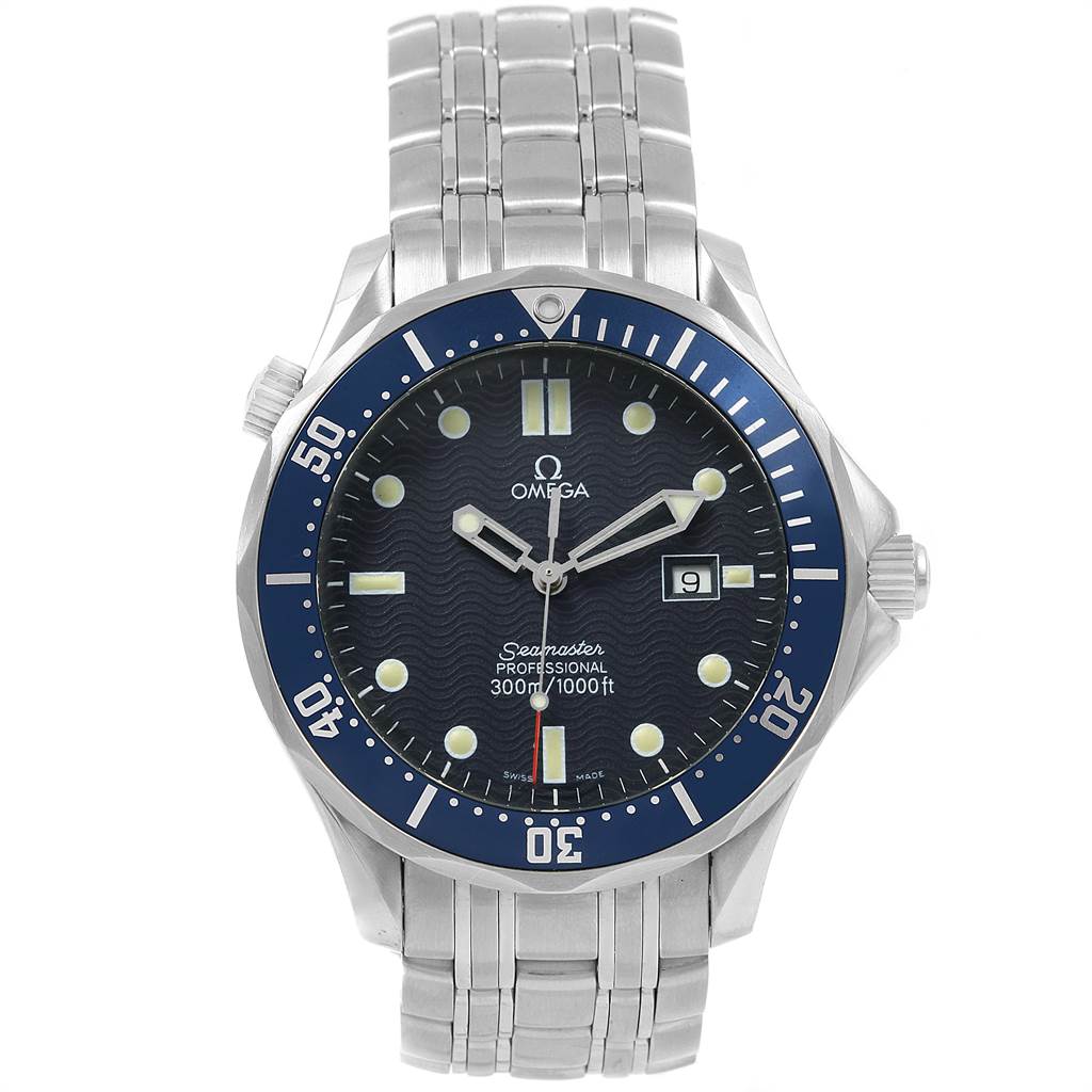 The Omega Seamaster 2541.80.00 Men
s Stainless Steel Blue Dial 2541.80.00 Men
s Stainless Steel Blue Dial watch is shown from a top-down angle, showcasing its face, bezel, dial, and stainless steel bracelet.