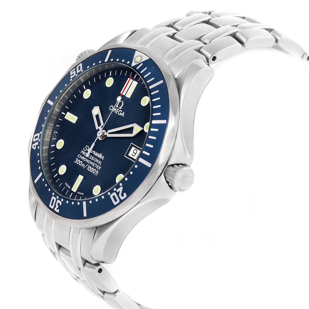 The image shows a side angle of the Omega Seamaster 2531.80.00 Men
s Stainless Steel Blue Dial 2531.80.00 Men
s Stainless Steel Blue Dial watch, highlighting the dial, bezel, crown, and part of the bracelet.